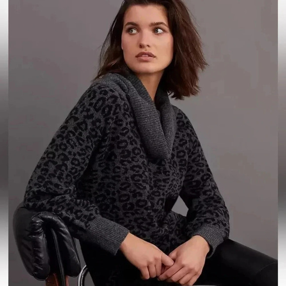 Anthropologie Emmy Cowl Neck Tunic Sweater Leopard Print Gray Black Wool Size XS - Picture 2 of 9